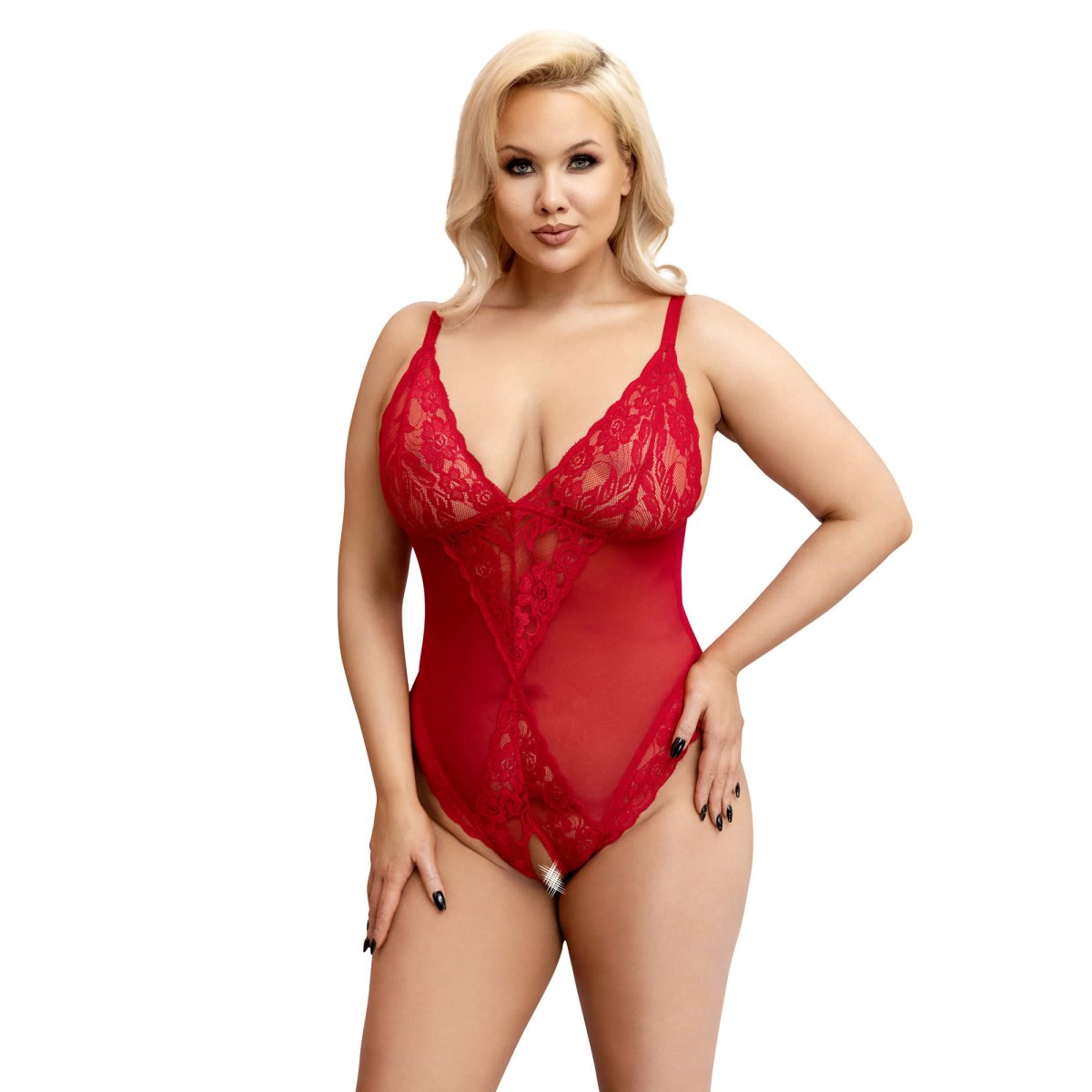 Plus Size Blonde Body i Rød Bodystocking Catsuits Eroshuset